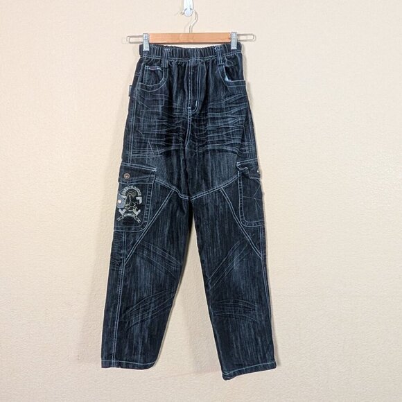 Y2K Tianzilang Cargo Jeans Whiskering Elastic Waist Embroidered 29 Skater Grunge - Picture 1 of 9